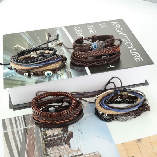 31Pcs Braided Leather Bracelets For Men Women Wooden Beaded Wrist Woven Cuff Wrap Bracelet Set Adjustable